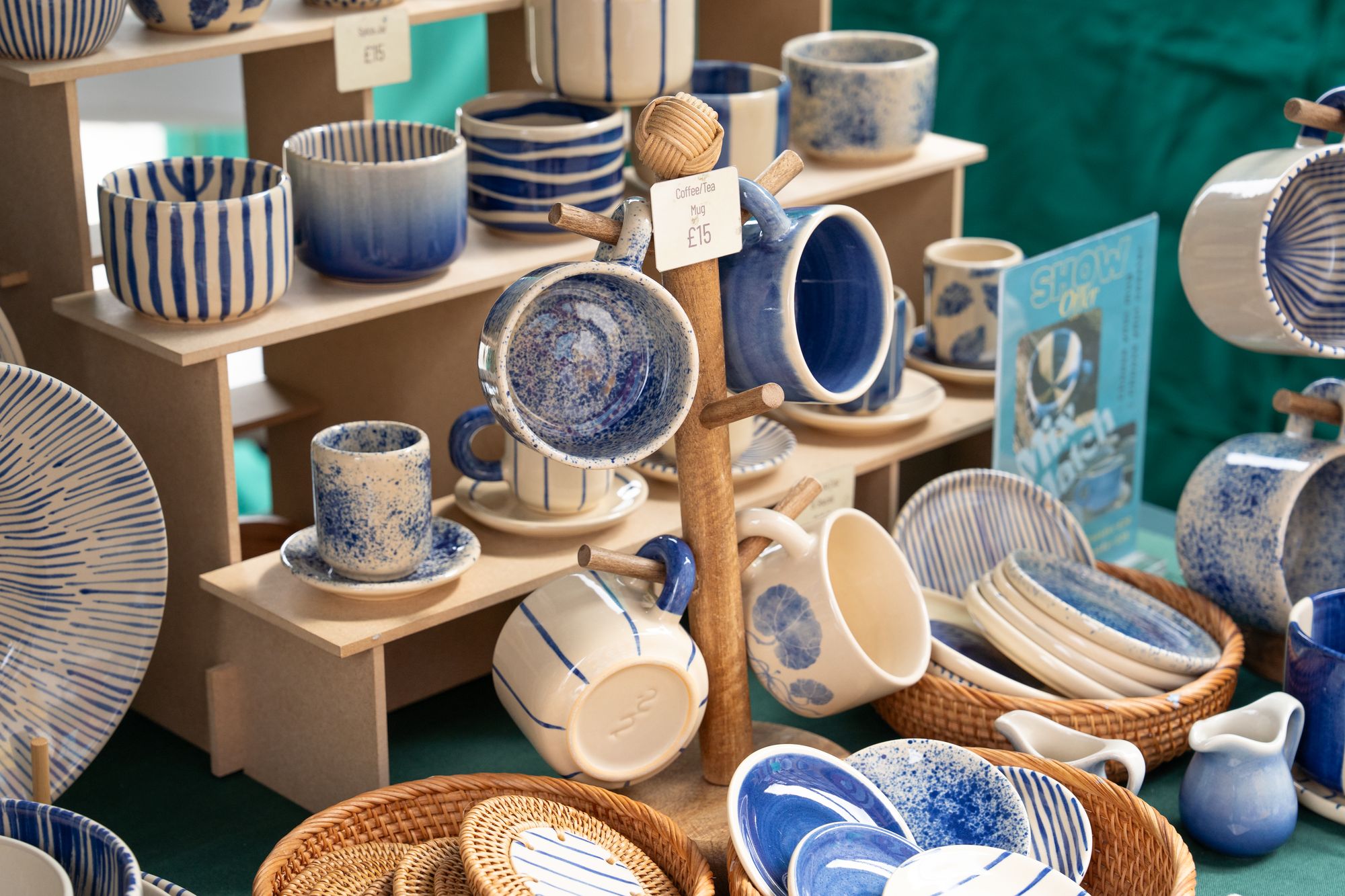 Handmade ceramics on display at a Craft & Flea market stall, Canada Water.