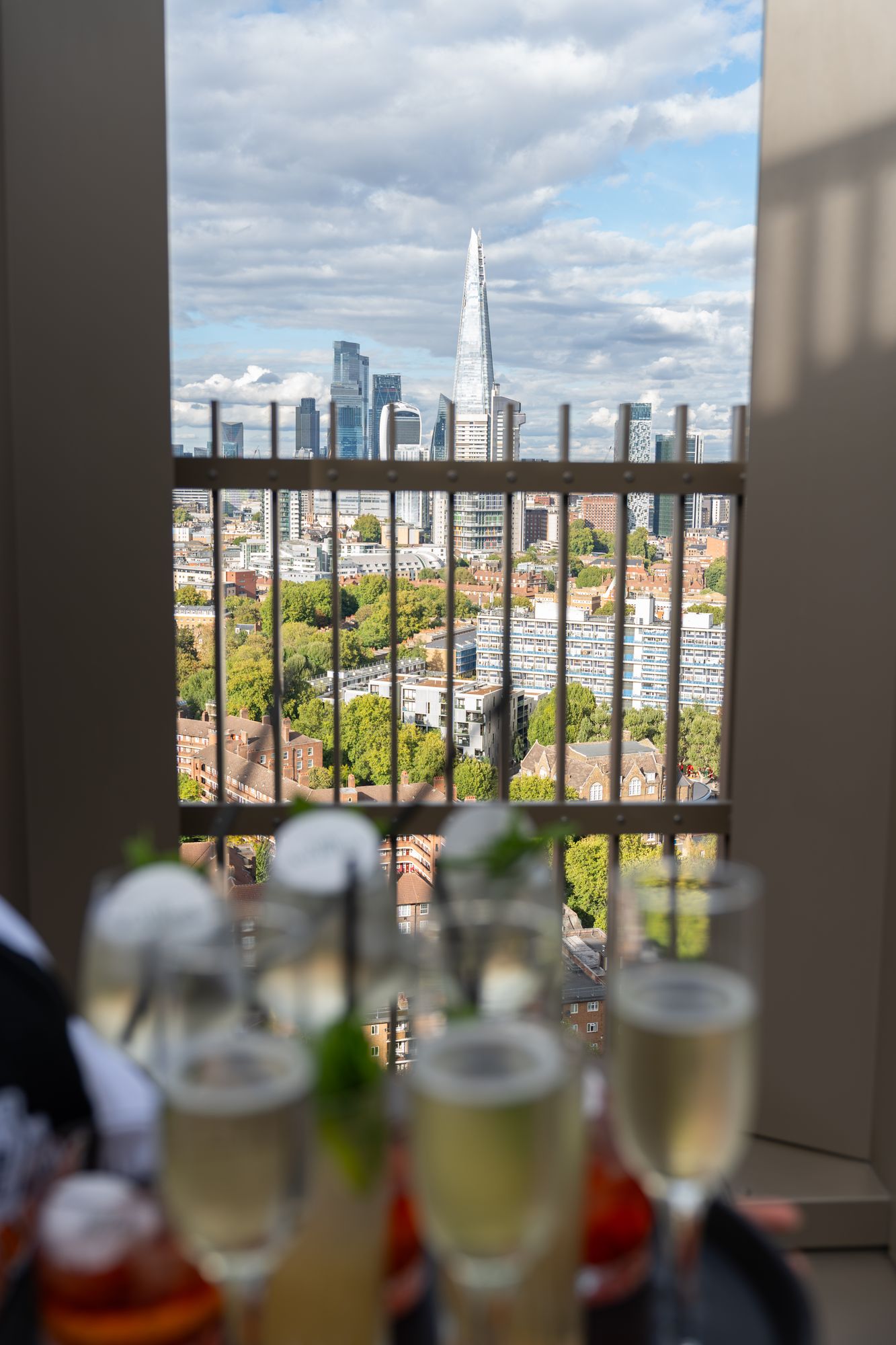 Champagne reception on the Arbour Heights terrace overlooking Elephant Park and the London skyline.