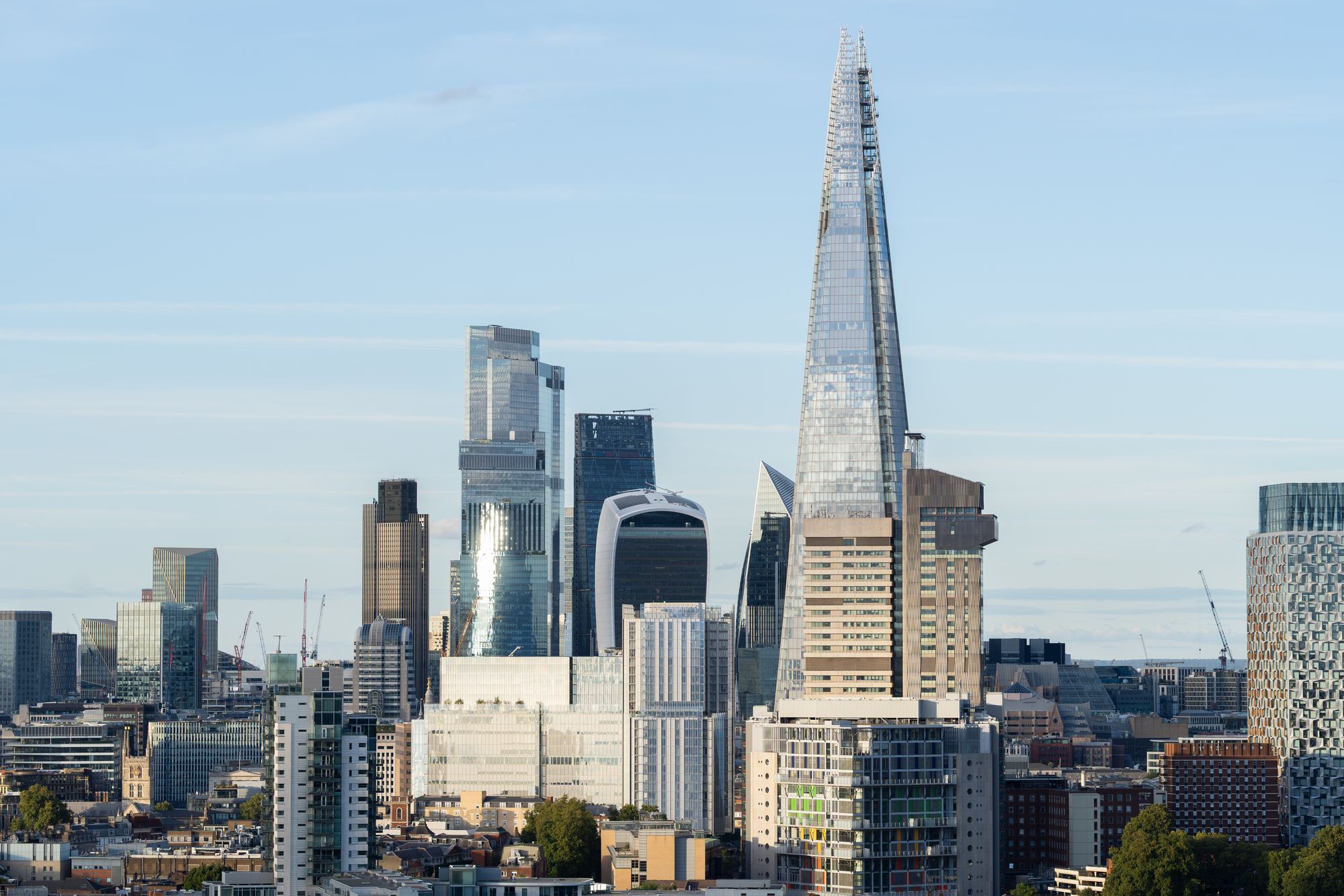 The Shard and the City of London skyline seen from Arbour Heights at The Wilderly, Elephant Park.