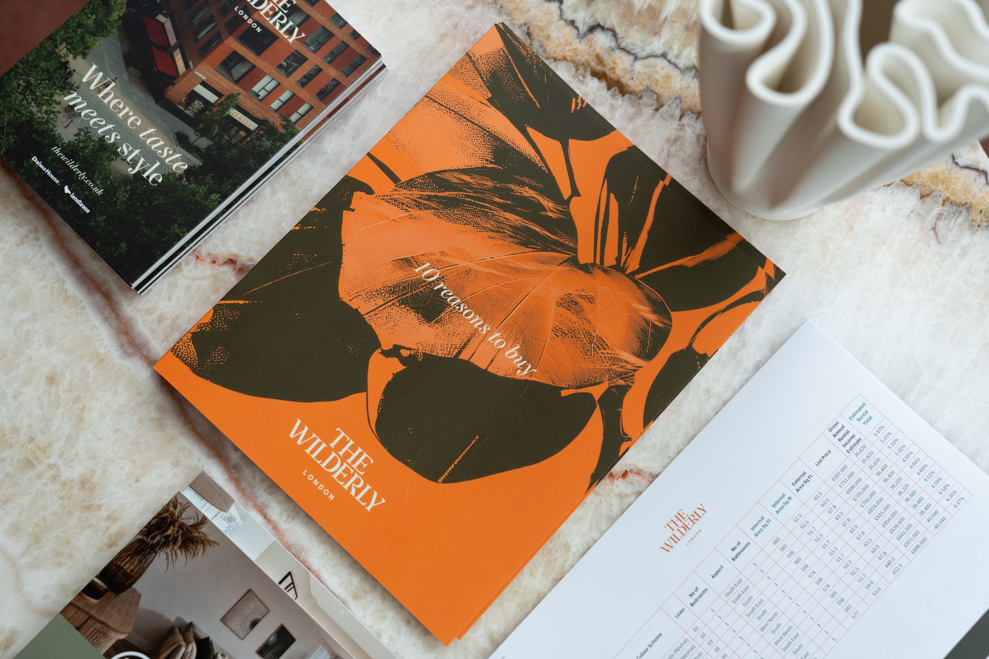 The Wilderly brochure and launch materials on display at the Arbour Heights residential launch in Elephant Park.