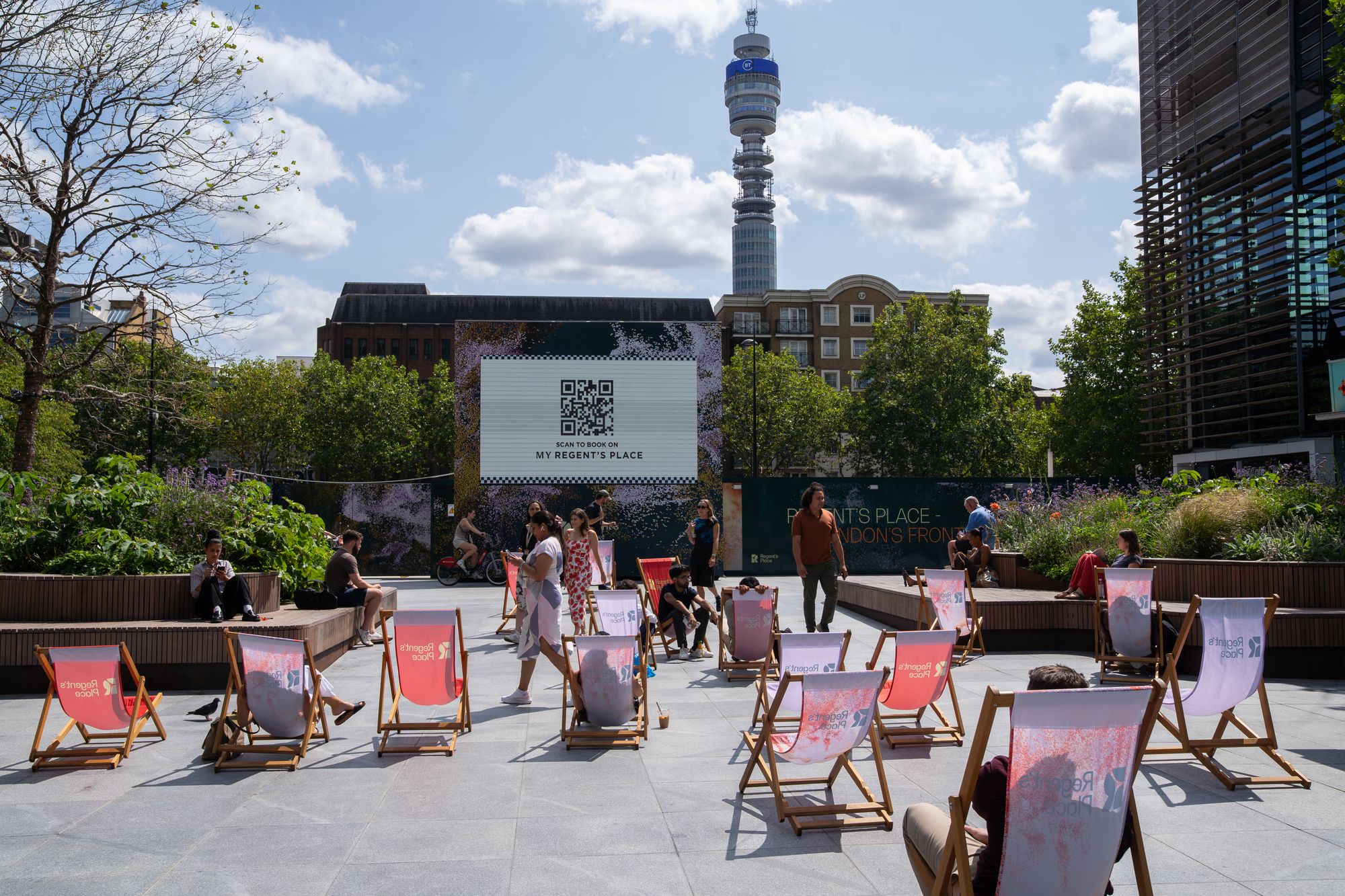 Deckchairs across The Plaza at Regent's Place with the BT Tower above — summer lifestyle photography for British Land.