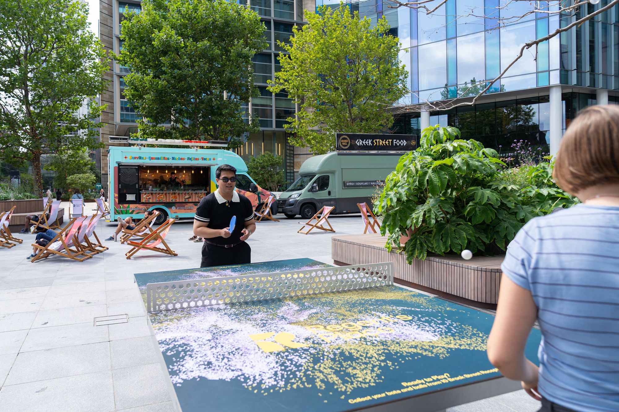 Food trucks and lunchtime seating at Regent's Place, London, during the Lifesize London campaign.